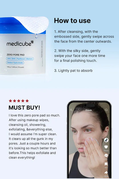 MEDICUBE Dischete exfoliante pentru fațǎ | ZERO PORE PAD 70 buc